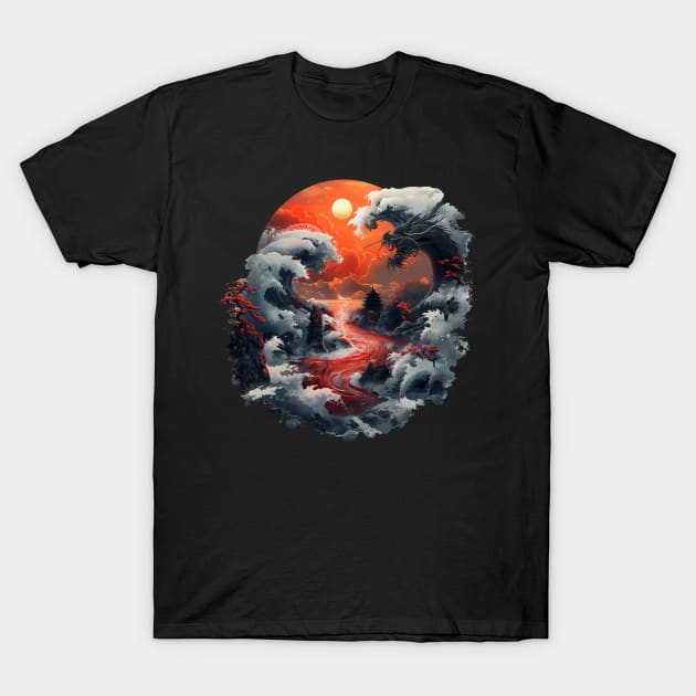 Dragon Soaring Over A Tumultuous Ocean T-Shirt by PixelPusherArt